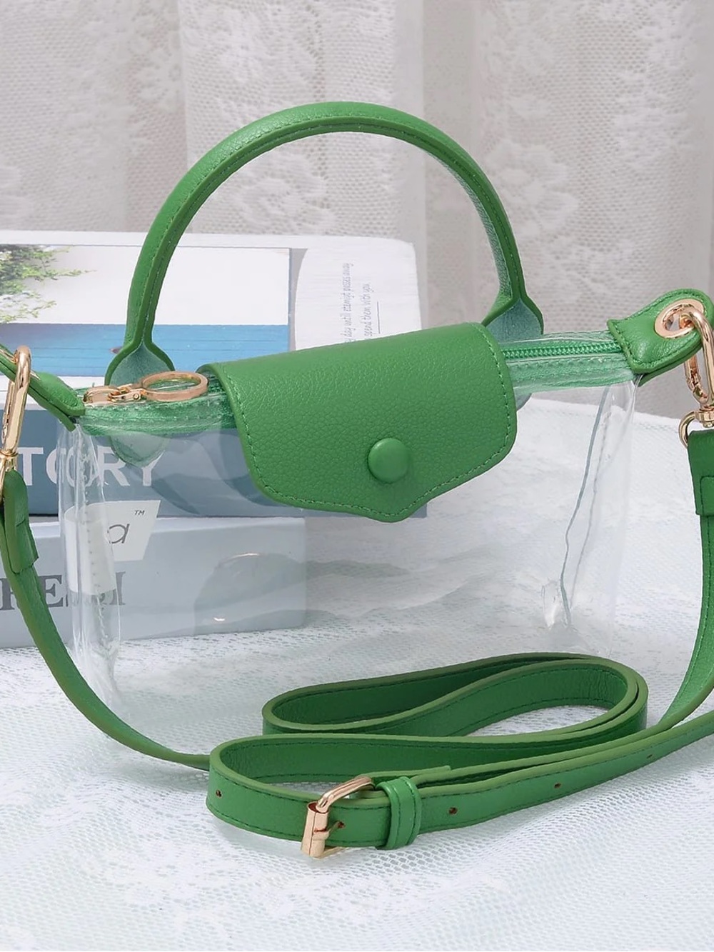NWT Clear Green Crossbody Tote with Navy Trim